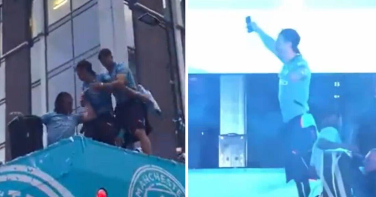 Jack Grealish nearly falls off Man City bus twice as players enjoy boozy title party