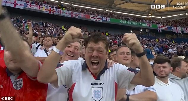 Viral England fan spotted cheering the Three Lions on AGAIN as he reappears Gelsenkirchen ahead of their Euro 2024 opener vs Serbia… as fans claim he is ‘living the dream’ travelling the world watching the Three Lions play