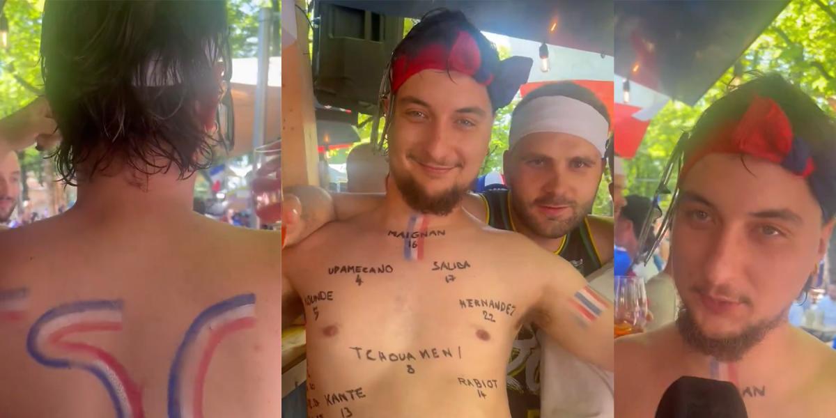 Drunk French supporter paints starting lineup on body for Spain semifinal clash