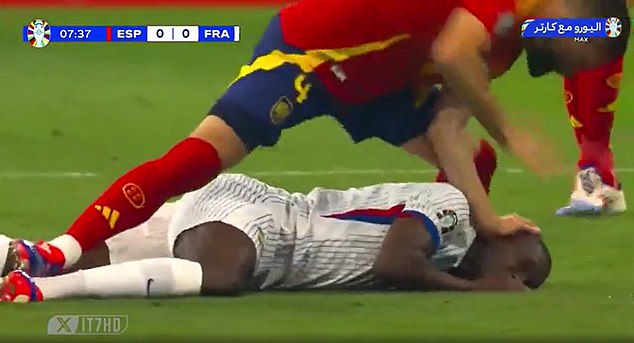 Watch Spain defender Nacho SHOVE Randal Kolo Muani’s head into the ground – before France striker gains revenge just seconds later by scoring the opening goal in Euro 2024 semi-final